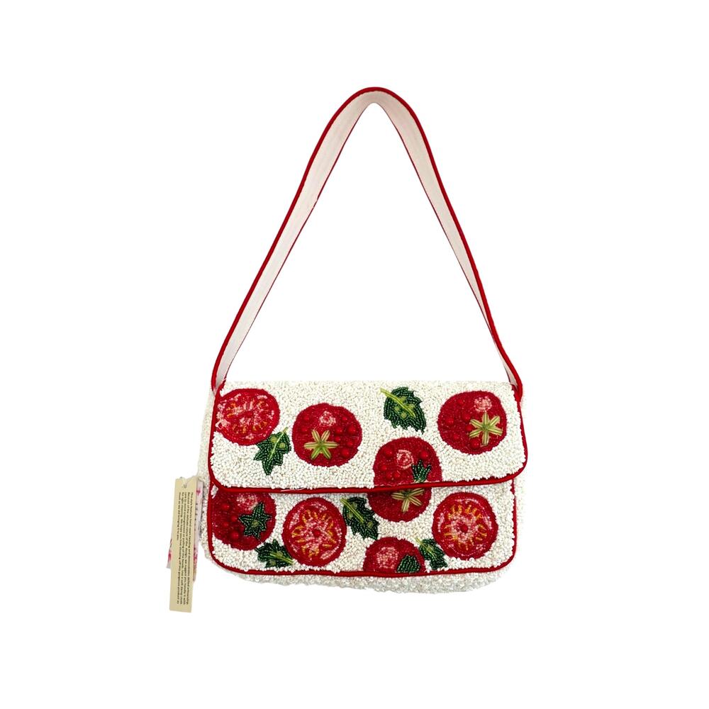 Boutique Beaded Tomato Print Shoulder Bag White Red Green - Picture 6 of 7